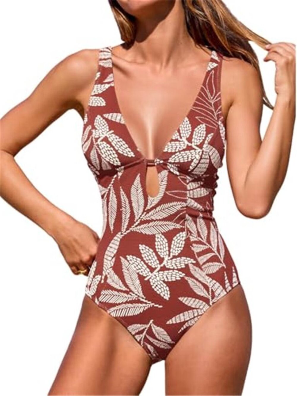 One Piece Swimsuit Deep V Neck Keyhole Cutout O Ring Textured Brown Tropical